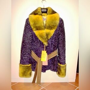 ETRO Milano jacket astrakhan and lapin real fur purple and yellow